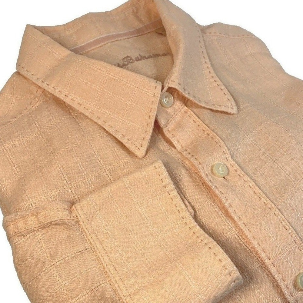 Tommy Bahama 100% Linen Shirt Men L Peach Long Sleeve Decorative Top Stitching